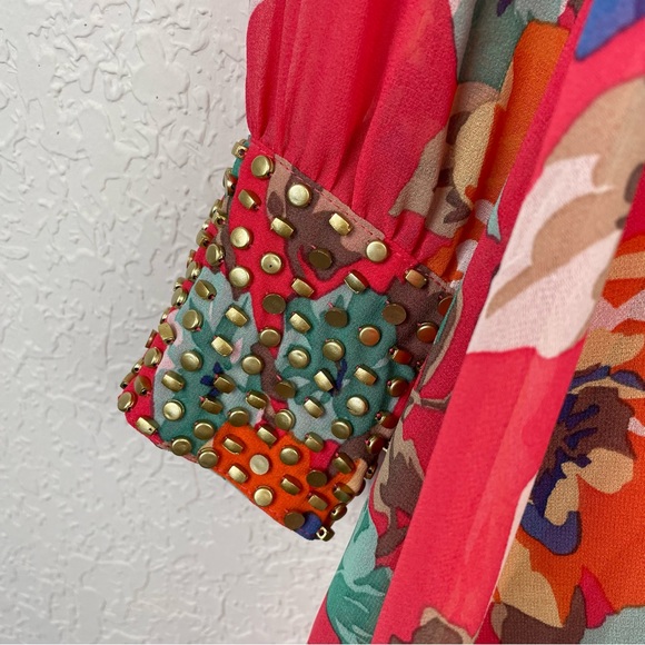 DEPRI Womens Red Floral Blouse Long Studded Cuff Sleeves Keyhole Tie Back - Picture 11 of 12